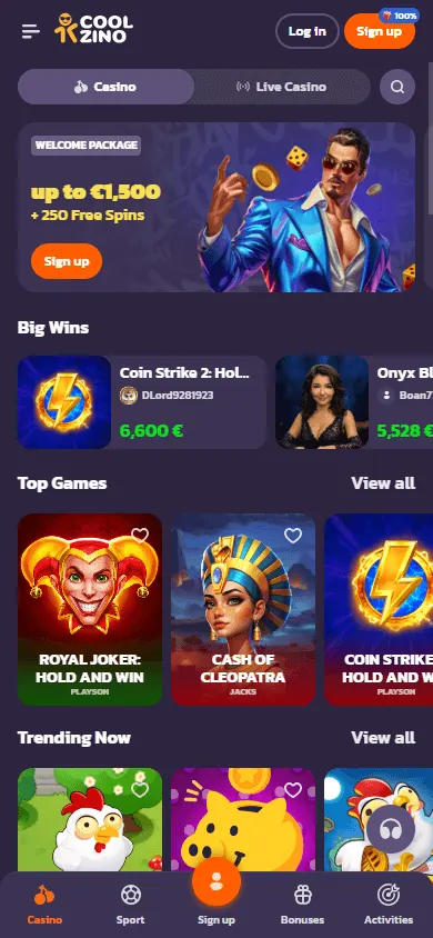 Coolzino Casino mobile home experience
