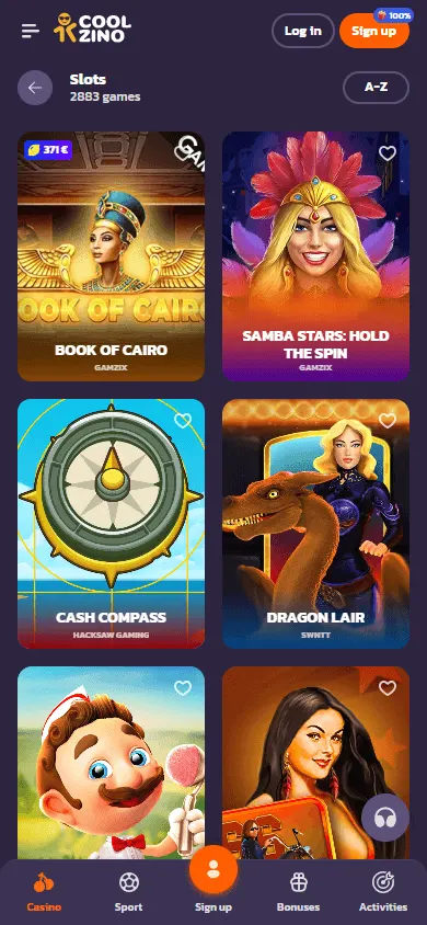 Coolzino Casino mobile games catalogue