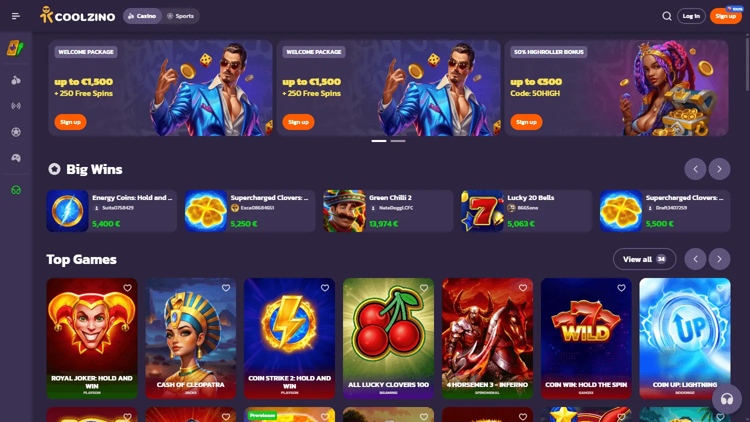 Coolzino Casino desktop home experience