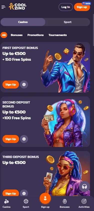 Coolzino Casino mobile promotions area